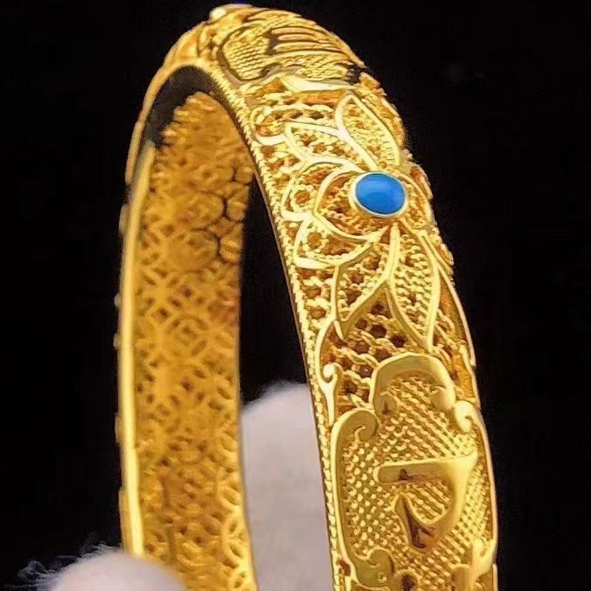 Pozłacana bransoletka z lotosem - Damska bransoletka w kolorze imitowanego złota z mantrą sześciu sylab, Lekka luksusowa biżuteria ślubna