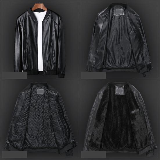 Men Coat Solid Color Stand Collar Windproof Faux Leather Thicken Plush Lining Zipper Jacket Streetwear