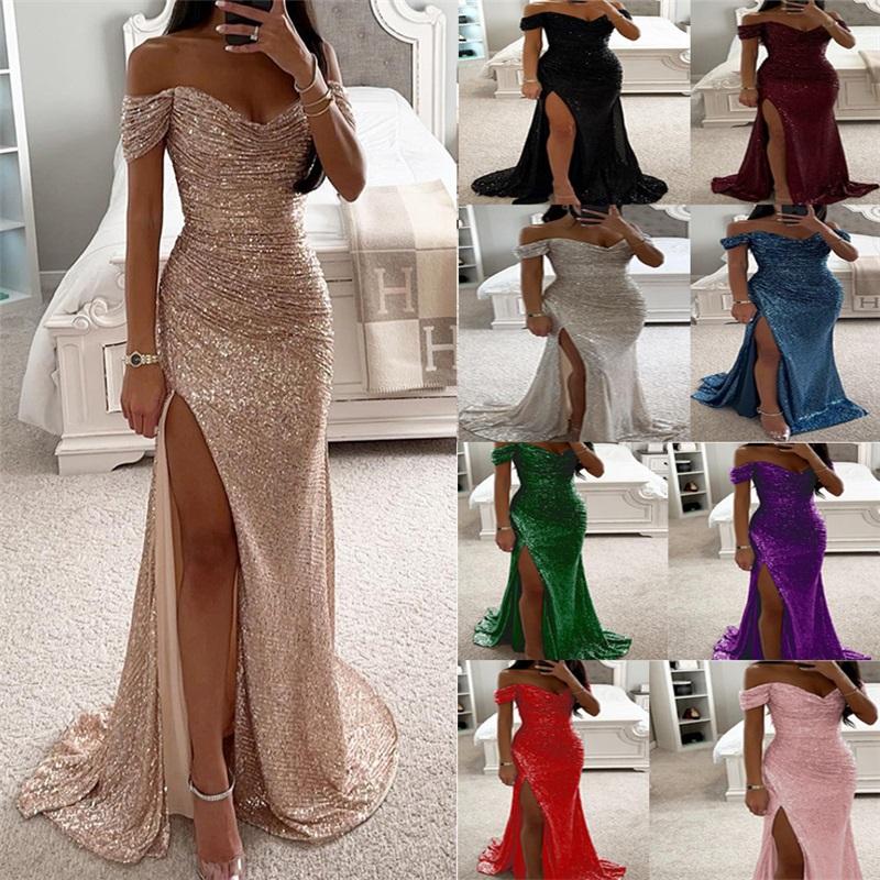 Ladies Party Sequined One-neck Split Dress Summer New Casual Sleeveless V-neck Sexy Elegant Long Skirt