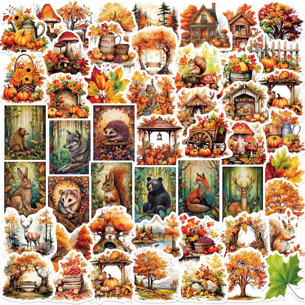 50pcs Vintage Autumn Forest Animal Plant Stickers School Stationery Decals Notebook Luggage Phone Fridge Waterproof Stickers