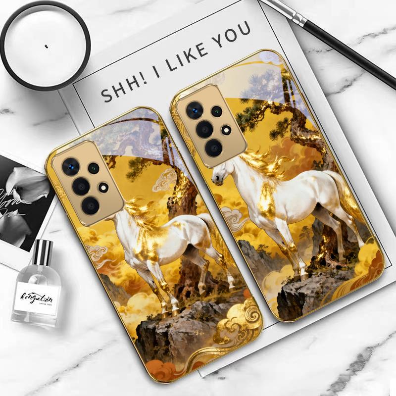 tall and sturdy horse For Samsung A 01 52S A04 A05S A10 A12 A13 22 23 24 36 42 M02 Note 10 20Ultra 8 9 Golden glass phone case