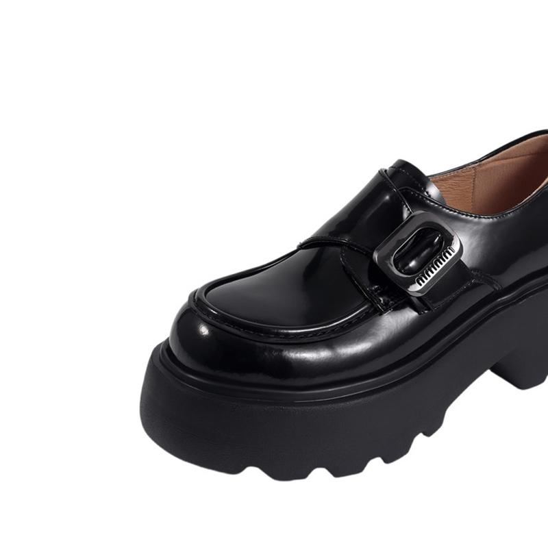 Fashion Women's new leather cowhide thick sole waterproof platform high heels metal belt buckle college style single shoes casual shoes