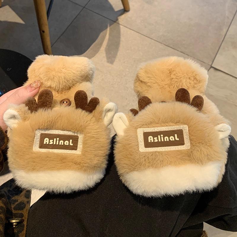 New Christmas antlers plush gloves women's thickened warm cute student cycling cold-proof half-finger gloves