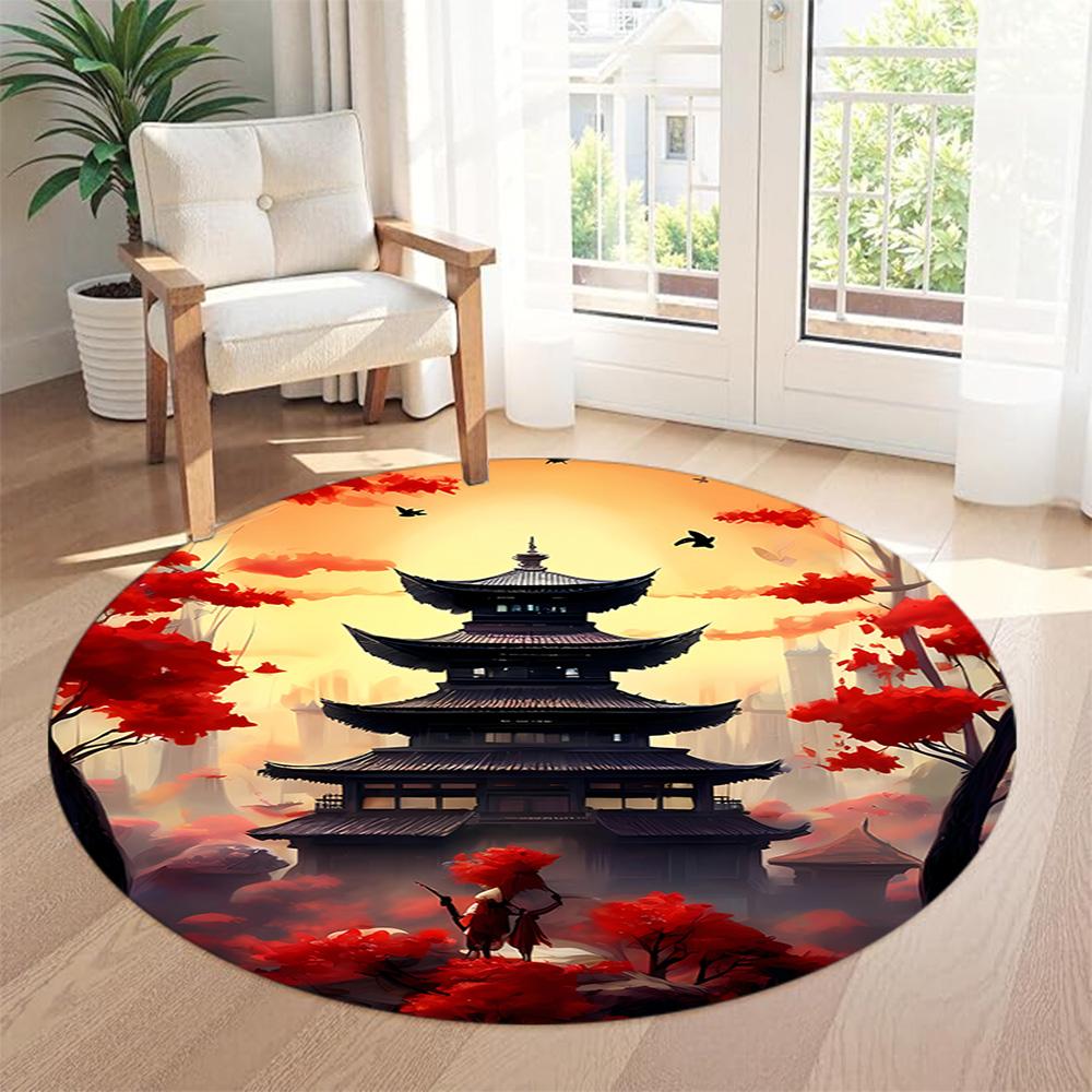 Chinese-style Architecture Round Carpet Perfect for Dormitory Foyer Balcony Living Rooms Anti-slip Round Rug Decorate Offices Best for Christmas