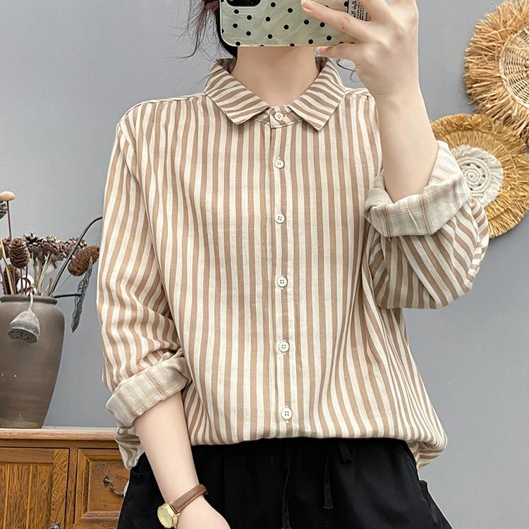 Women's Long Sleeve Double-layer Cotton Stripe Shirt - Soft, Skin-friendly, Breathable, High Quality Loose Fit