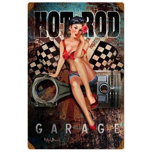 Vintage Pinup Girl Hot Street Rods Garage Full Service Route Auto Mechanics Metal Tin Sign for Rural Wall Decor Retro Poste