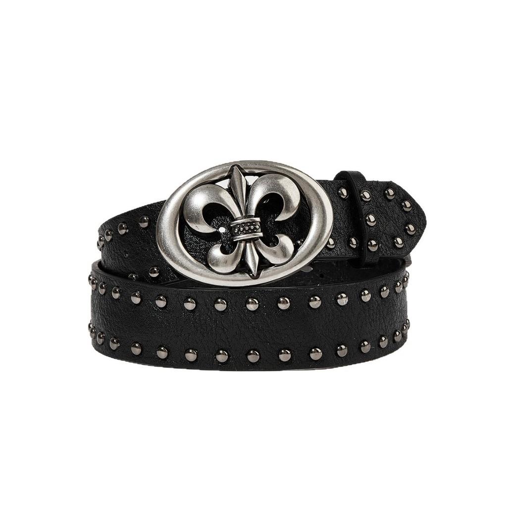 Mens Leather Punk Belt With Petal Motif And Rivet Studs For Casual And Street