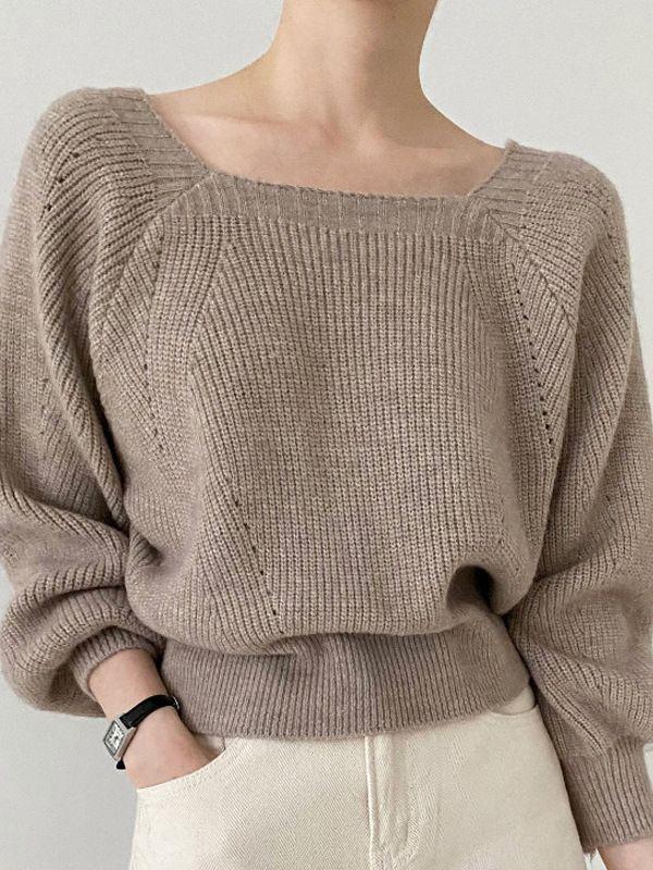 Women's Thick Knit Sweater: 2023 Autumn/Winter, Square Collar, Lantern Sleeves, Loose Fit.