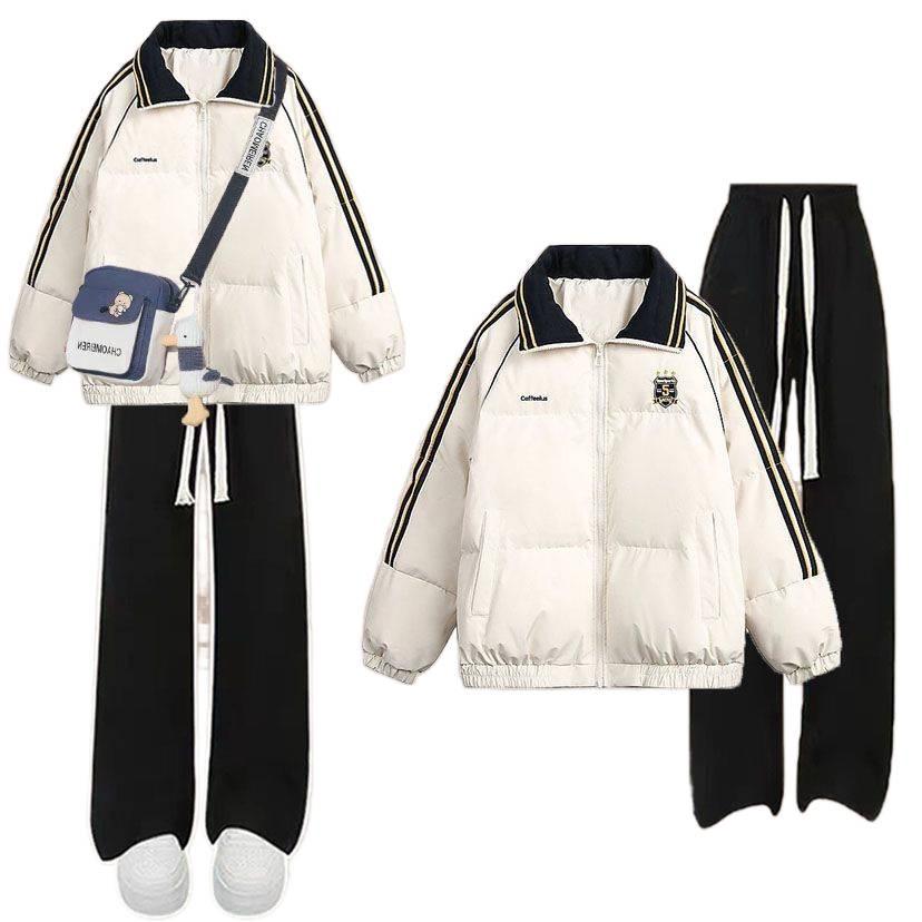 Colorblock Winterset: Lässiger Baumwollmantel im koreanischen Stil & Jeans mit Kordelzug für Studentinnen