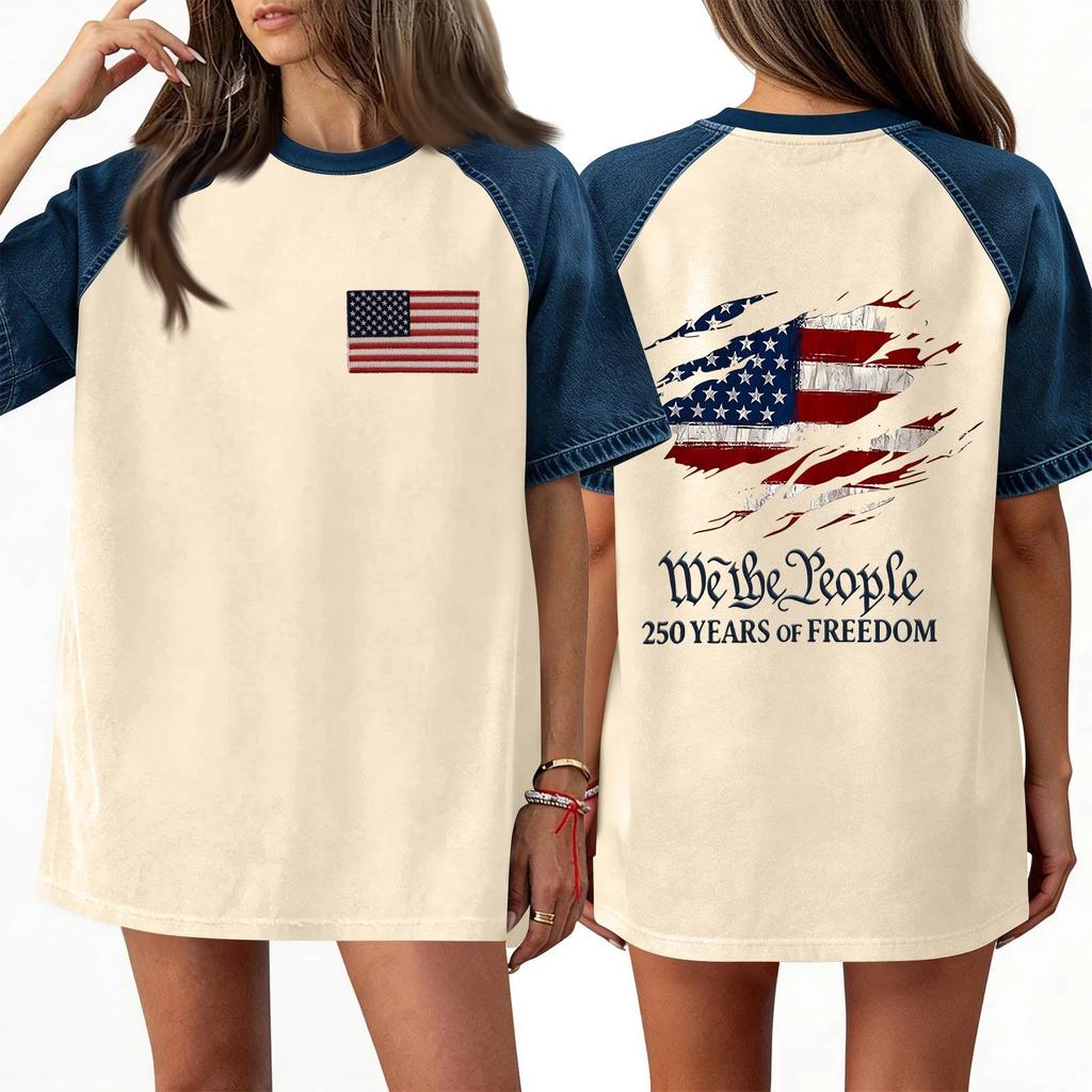 Denim Patchwork Shirts For Women Stand Collar Casual Blouse Short Sleeve Comfy Tshirt Spring Summer Fashion