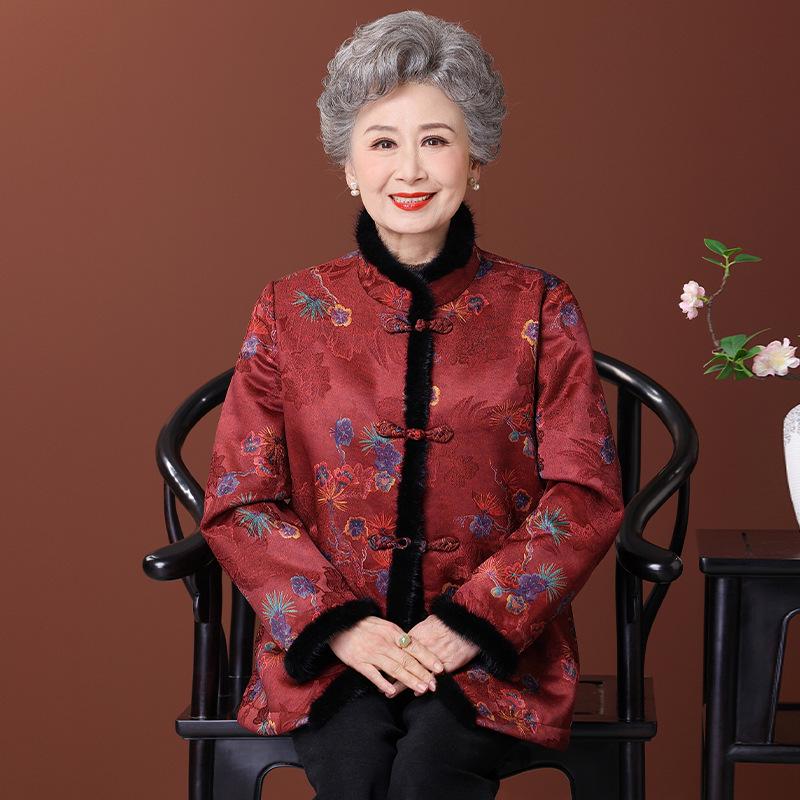 

Elegant Mink Fur Collar Coat for Women Aged 70-80 - Velvet, Thickened, Autumn/Winter, Wedding and Banquet Tang Suit Style for Grandmothers XL (100-115 jin)