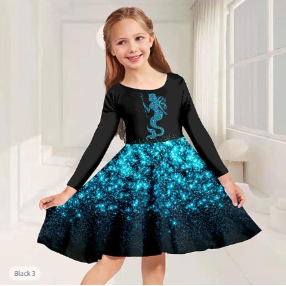 Girl Casual 3D Dragon Galaxy Print Round Neck Long Sleeve Dress Kid Princess Dress