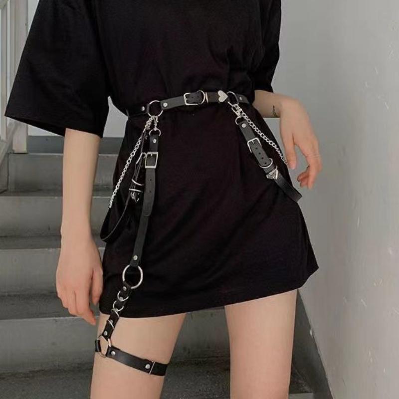 Women Skirt Belt PU Leather Hip Hop Style Sexy Jeans Dress Heart Punk Belt with Metal Waist Chain Female Apparel Accessories
