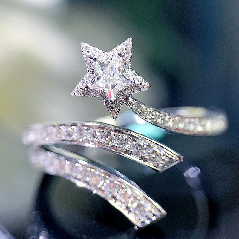 Open Ring Star Cut Simulated Zircon Double Layer Twisted Sun Moon Star Engagement Wedding Ring for Women