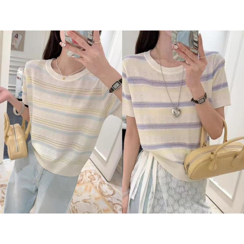 Summer new striped contrasting knitted short-sleeved thin T-shirt top slim-fitting bottoming shirt