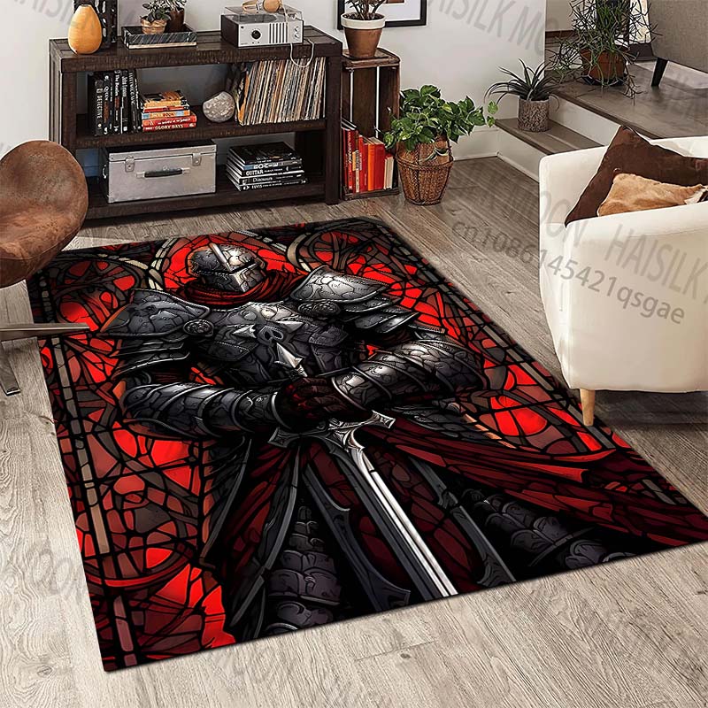 Knight Armor with Red Background Pattern Rug Carpets for Bedroom Living Room Sofa Mat Creative Door Mat Cloakroom Home Decor