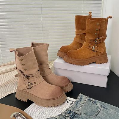 Bottes pour femmes à semelles épaisses en cuir mat 2024 Nouvel automne Col Rétro Style britannique Antidérapant Boucle de ceinture Bottines Jaune Bottes