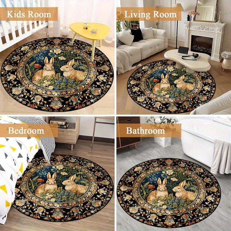 Aesthetic Bunny Love Round Carpet Soft Non-Slip Decorative Mat 2D Print Nature Style Flower Rug for Nursery Patio Holiday Gift