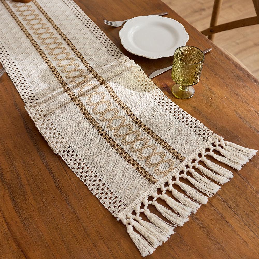 

Скандинавська бавовняно-лляна скатертина-доріжка з кольоровим блоком, плетеними ажурними китицями – довга декоративна тканина для вітальні, тумби під телевізор та журнального столика. 30x180