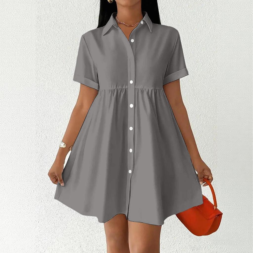 Women Short Sleeve Shirt Dress Button Down Collared Loose Fit Casual Mini Dress with Pockets Summer Style