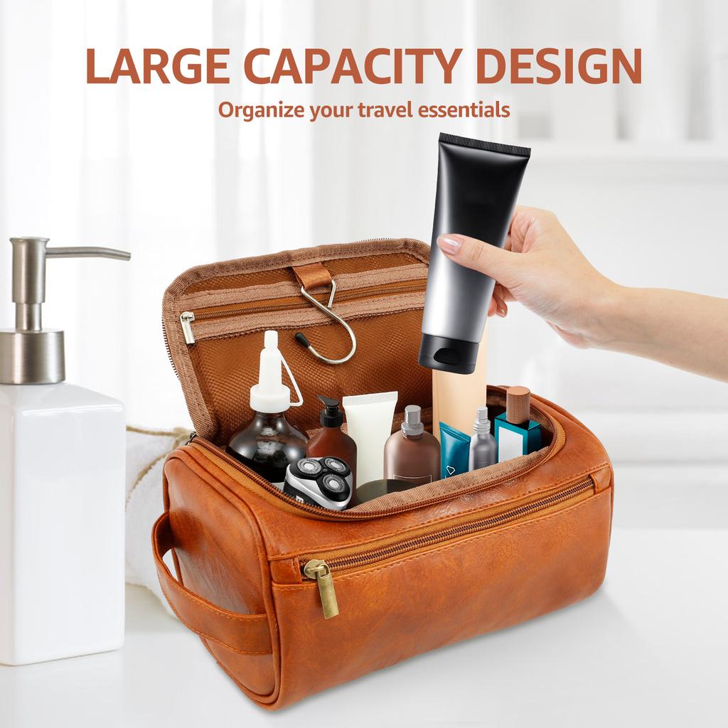 Leder-Kulturbeutel Tragbarer Doppelschichtiger Kulturbeutel für Männer und Frauen Reise-Kosmetiktasche Wasserdichte Wasch-Aufbewahrungstasche