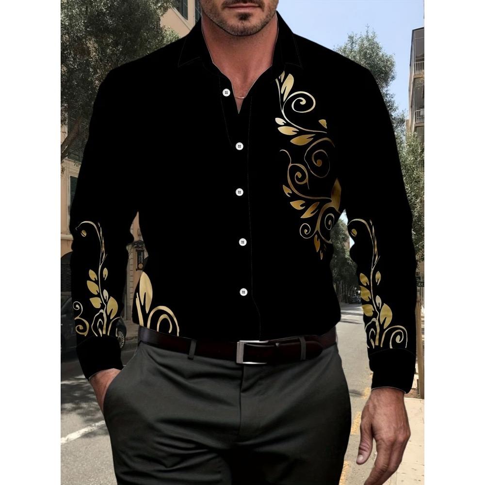 Men's European Style Rolled Grass Printed Long Sleeved Shirt, Lapel Cardigan Shirt, Business Light Luxury Casual Top
