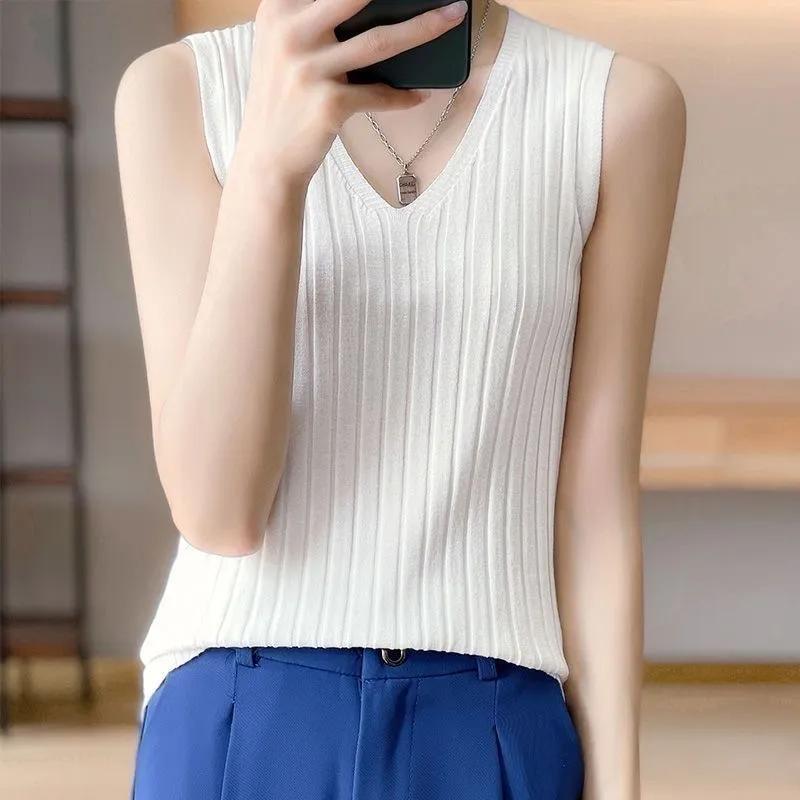 

Women s Spring/Summer V-neck Oversized Pullover, Ice-Silk Sleeveless Knit Tank Top, Layering T-Shirt, Underwear, Outerwear, Spaghetti-Strap Top 2XL белый