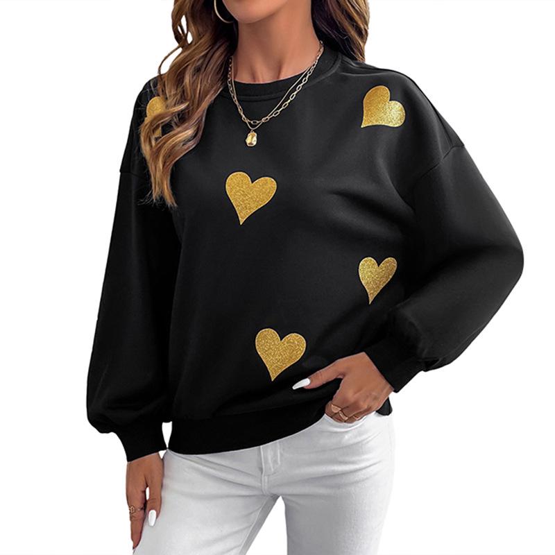 European Autumn 2025 Heart Print Romantic Loose Round Neck Long Sleeve Hoodie