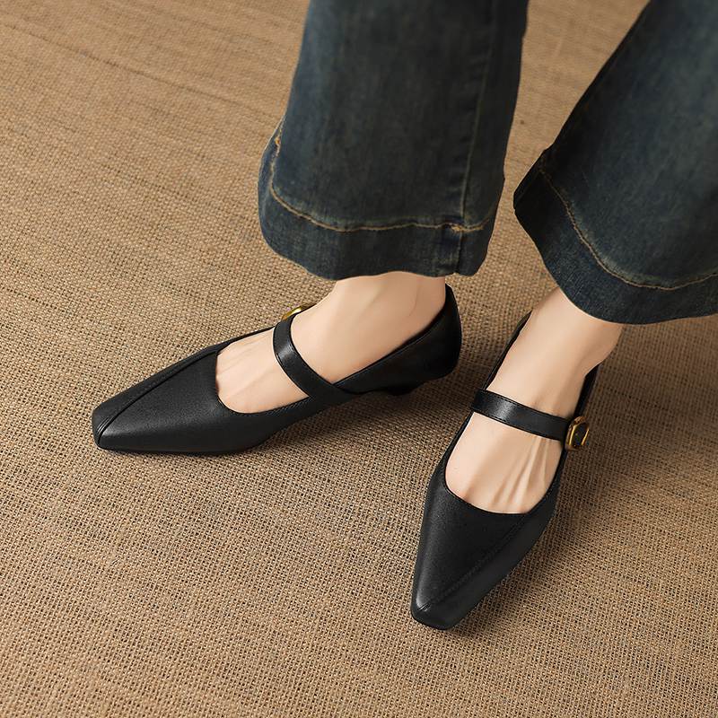 Krazing Pot Microfiber Square Toe Thick Med Heels Spring Summer Shoes Big Size 43 Metal Buckle Women Office Lady Pumps