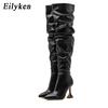 Fashion Eilyken New Design Pleated Leather Over The Knee Boots Fashion Runway Strange High Heels Sexy Pointed Toe Zip Womans Shoes