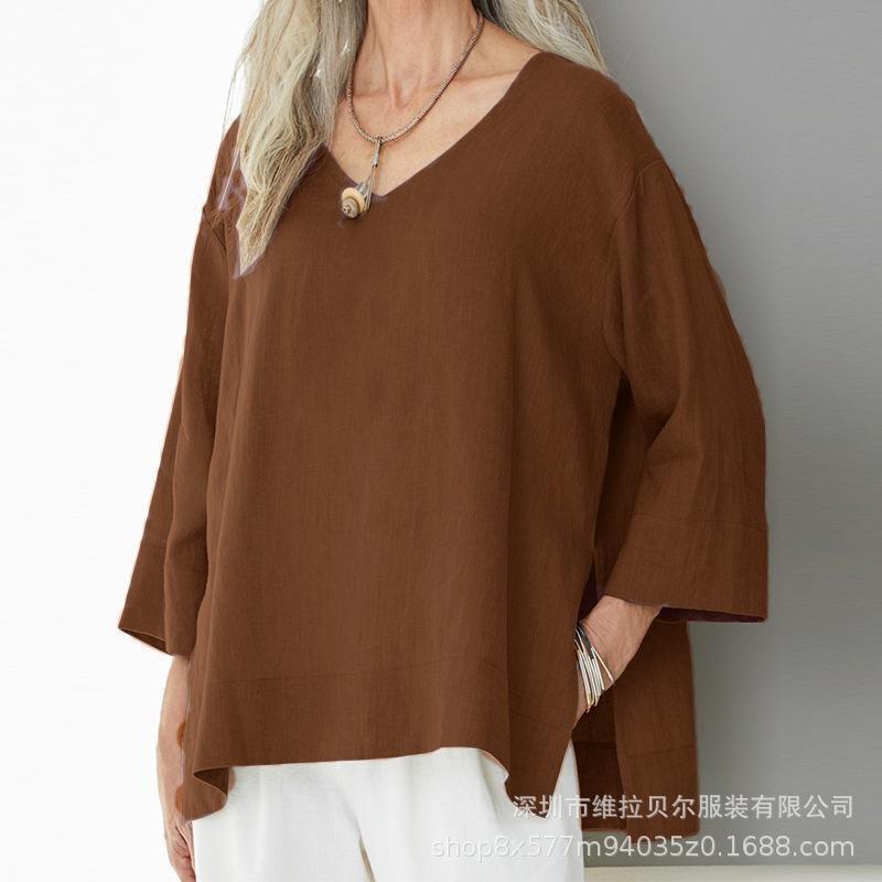 Women V Neck Batwing Sleeve Loose Casual Top Irregular Hem Blouse