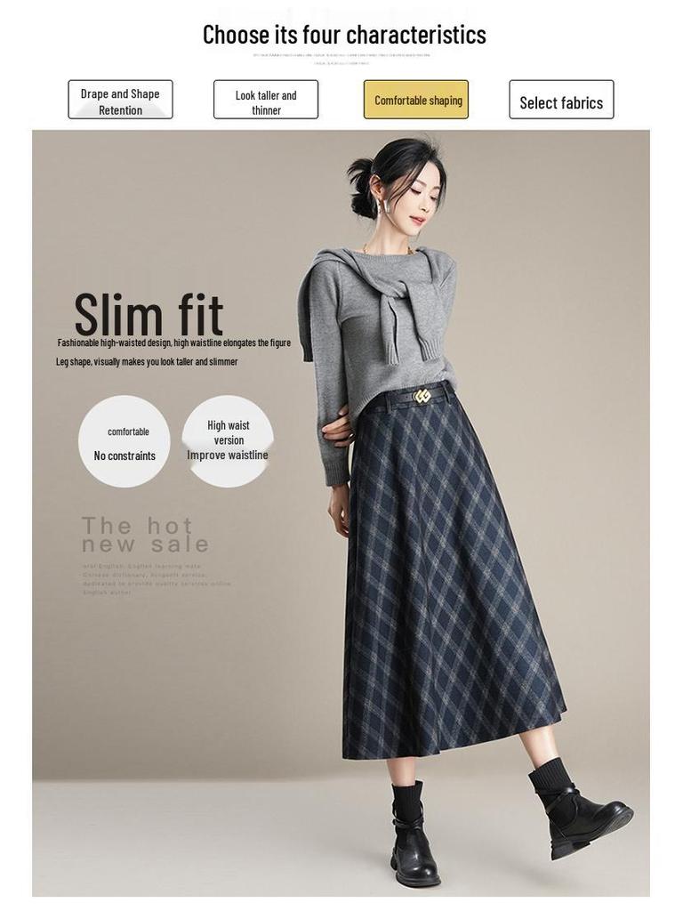 Women's High-Waist Woolen Plaid A-Line Skirt - Autumn/Winter 2025 Collection