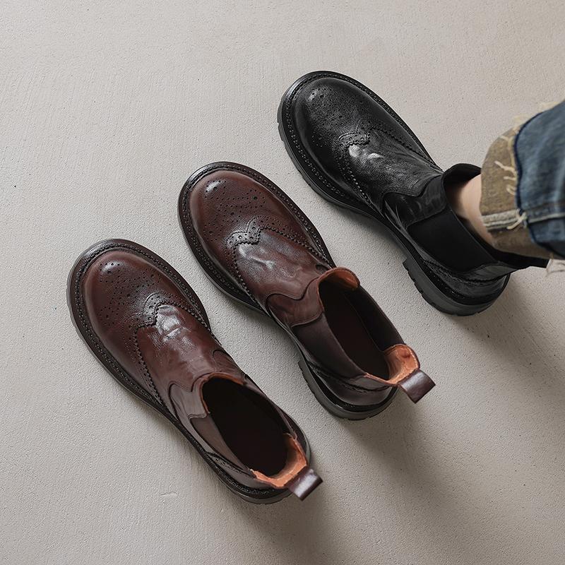 Fashion 2024 New Genuine Leather Winter Women Boots Brogues Platform Motorcycle Boots Ankle Boots Retro Sheepskin Slip-on Ladies Shoes