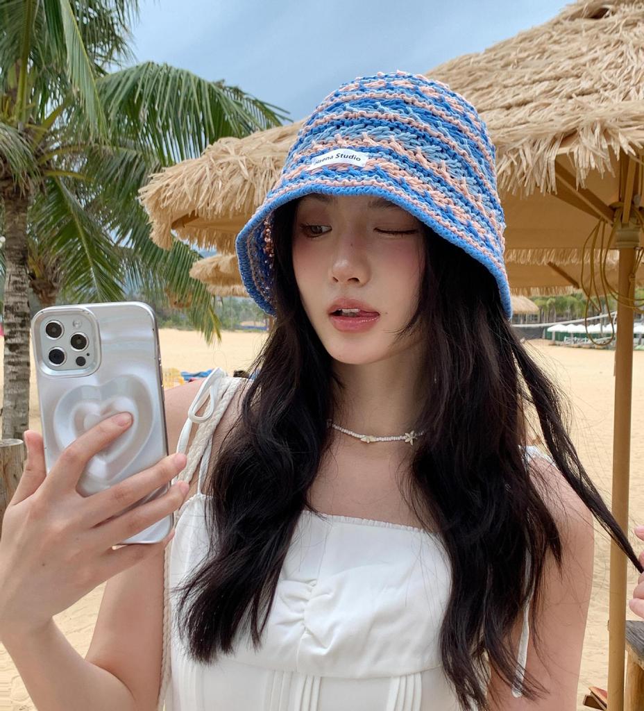 Ladies' BucketHat Korean Knitted Striped Verstaile Hollow Breathable Bucket Hat Beach Vacation Sunscreen Sunshade Hats For Girl