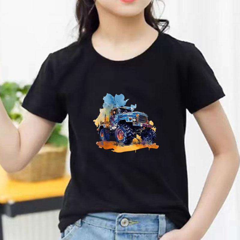 Kids Cotton T Shirt Cool Watercolor Offroad Car Print Crew Neck Short Sleeve Tee Casual Breathable Boys Girls Summer Tops