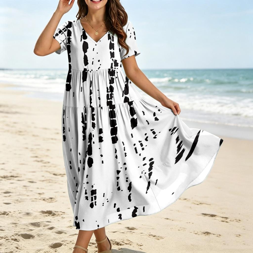 Women's Casual Loose Fit Bohemian Style Gradient Print Short Sleeve V Neck Midi Dress with Elastic Waist and Flowing Skirt for Everyday Wear