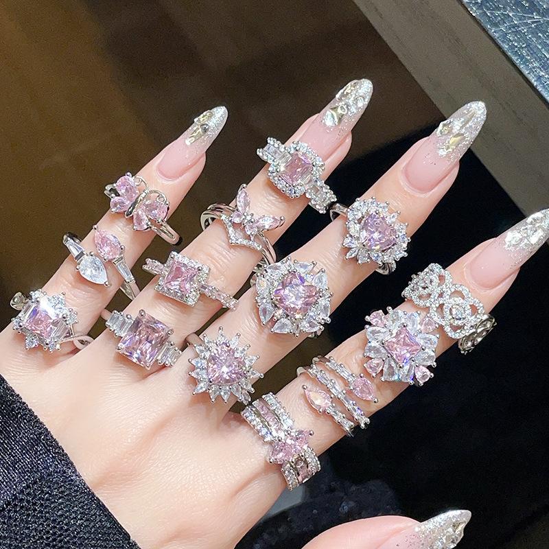 Sweet And Cool Wind Series Pink Zircon Colored Treasure Open Ring Light Luxury High Sense Personalized Flower Ring Woman