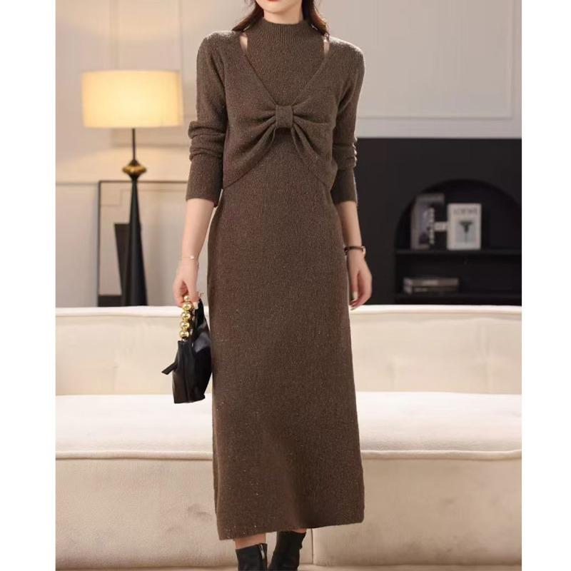 Suit Women's Winter New Semi-turtleneck Bow Bottom Vest Dress Knitted Sweater Two-piece Set