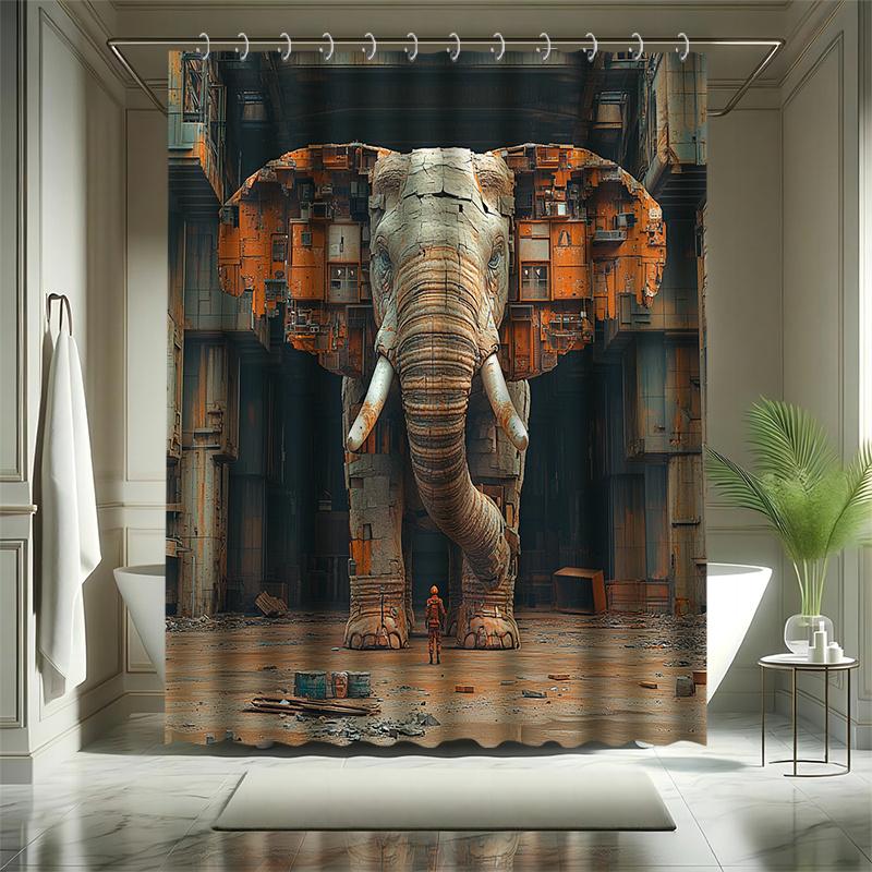 Rustic Elephant Bath Curtain Set, Abandoned Factory Theme, Water-Resistant Polyester, , All-Season Decor, Modern Home Bathroom