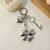 Elegant Heart Phone Bag Accessory Fashionable Silver Bowknot Keychain with Heart Charm Unique Keyrings Accessory