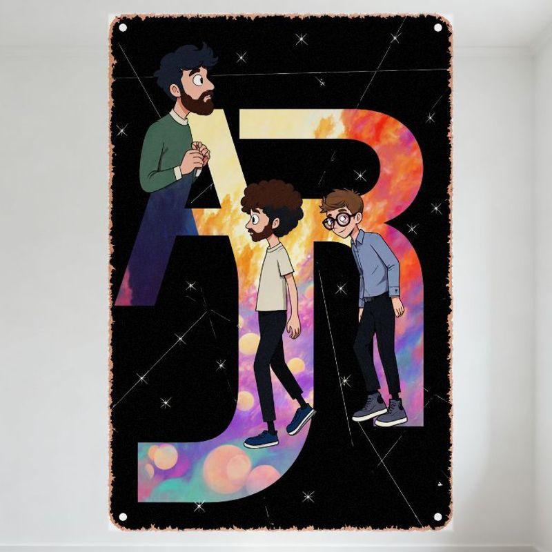 Vibrant Retro Cartoon A RJ Letters with 3 Men Metal Tin Sign Wall Decor for Bar Cafe Home Art Gift, Stylized Star Sparkles Backg