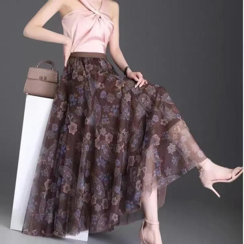 

High-waisted Slim Printed A-line Large Hem Skirt with Long Skirt Temperament, Fashionable and High-end One Size кавовий