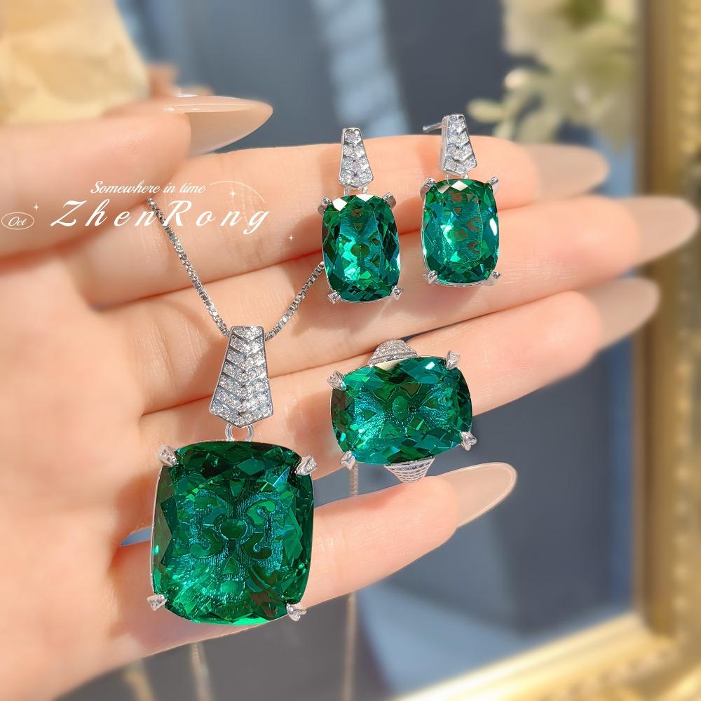 Exquisites königsblaues Anhänger-Fett-Quadrat-Edelstein-Ohrring-Paraiba-Ring-Grüner-Diamant-Schmuckset für Damen