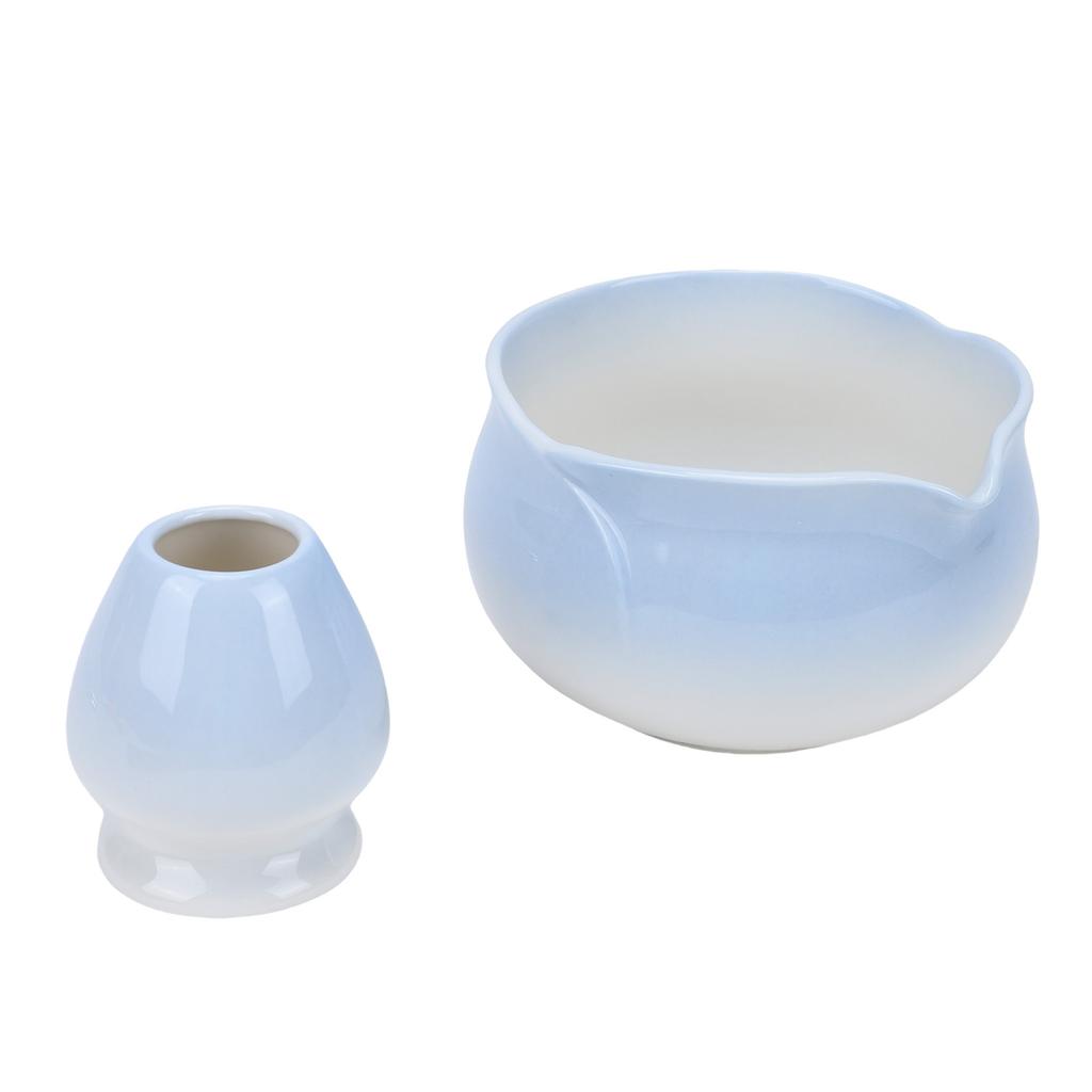 Matcha Bowl and Whisk Holder Ceramic Matcha Mixing Bowl with Spout for Traditional Japanese Tea Ceremony Gradient Blue