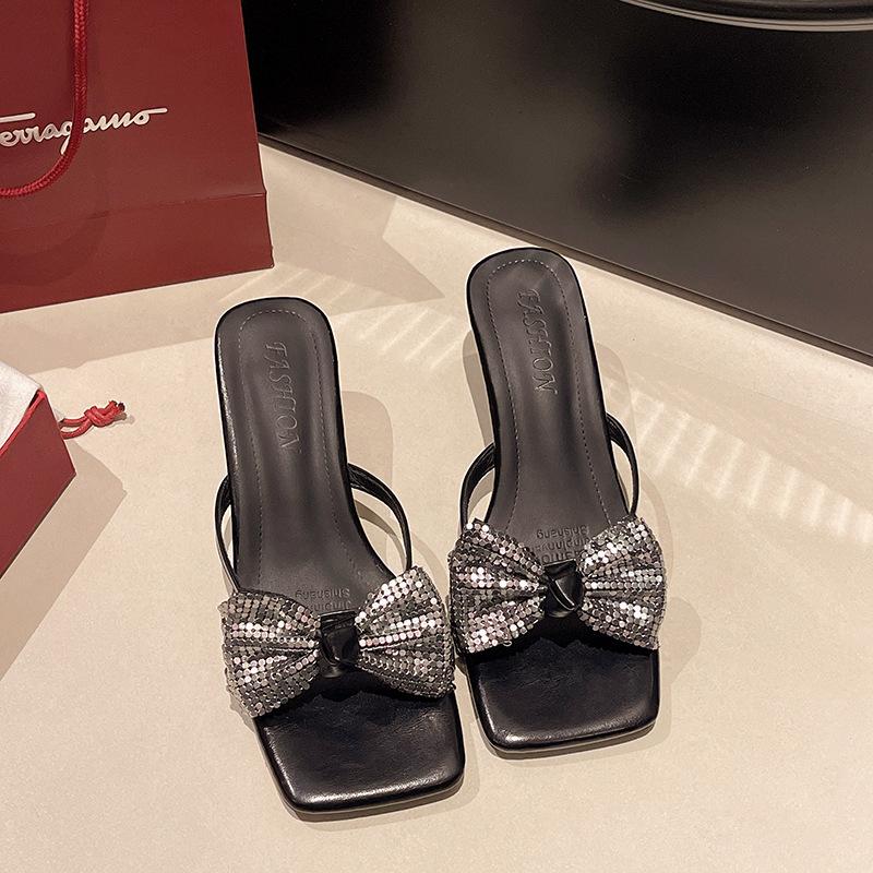 Versatile fashion square head high-heeled outer slippers women's summer 2025 new thick-heeled bow open-toed cool slippers