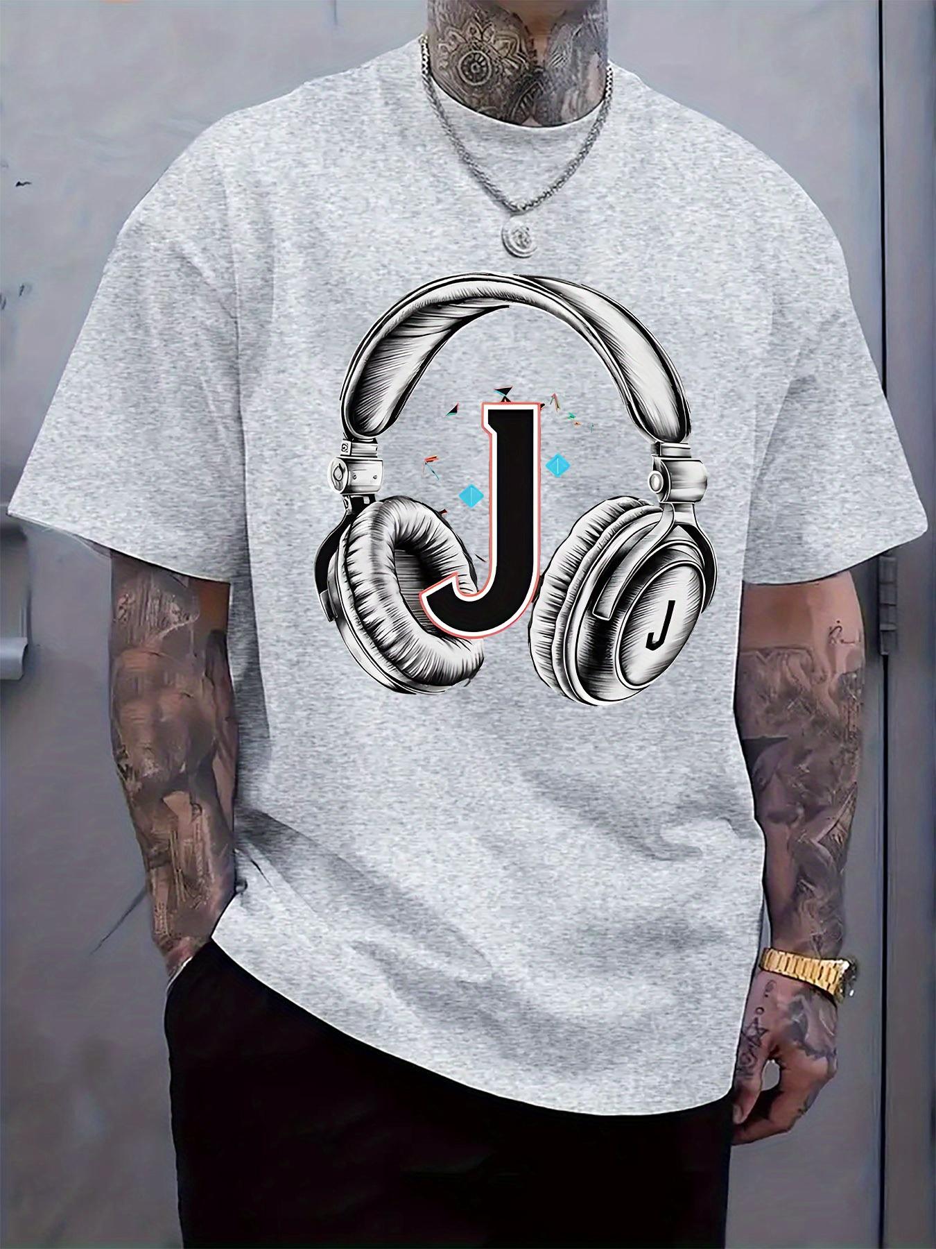 

Casual Crew Neck T-shirt with J and Headphones Print - Black Short Sleeve Tee S