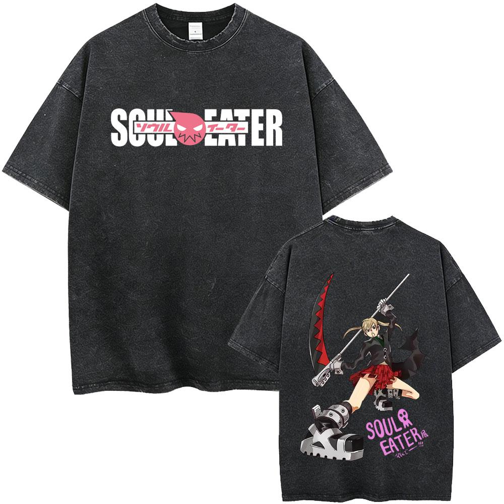 Washed Vintage Anime Soul Eater Maka Albarn Soul Evans Graphic Tshirt Mens Retro Manga T Shirts Men Cotton Oversized Tshirts