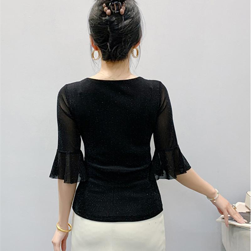 Summer Fashion Sexy V-neck Girl T-shirt Clothes Shiny Hot Diamond Flare Sleeve Mesh Tees High Quality Women's Tops