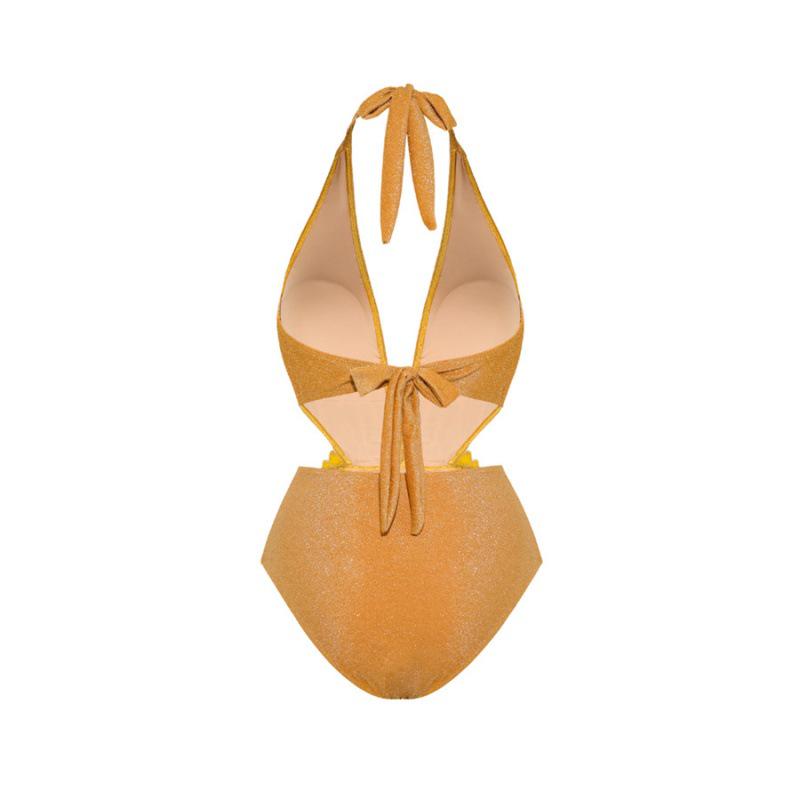 Jednokolorowy Błyszczący Kostium Kąpielowy Jednoczęściowy z Wycięciami i Długim Rękawem 2023 - Nowy Styl Europejski i Amerykański