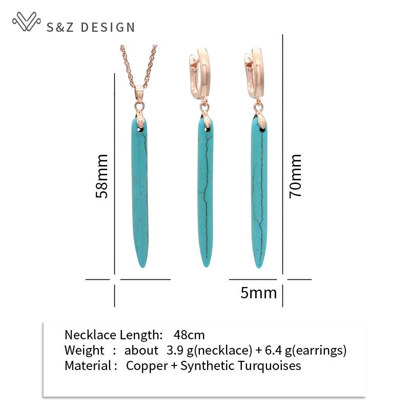 Vintage Long Synthetic Turquoises Drop Earrings Jewelry Sets For Women Rose Gold Color Pendant Necklace Gift
